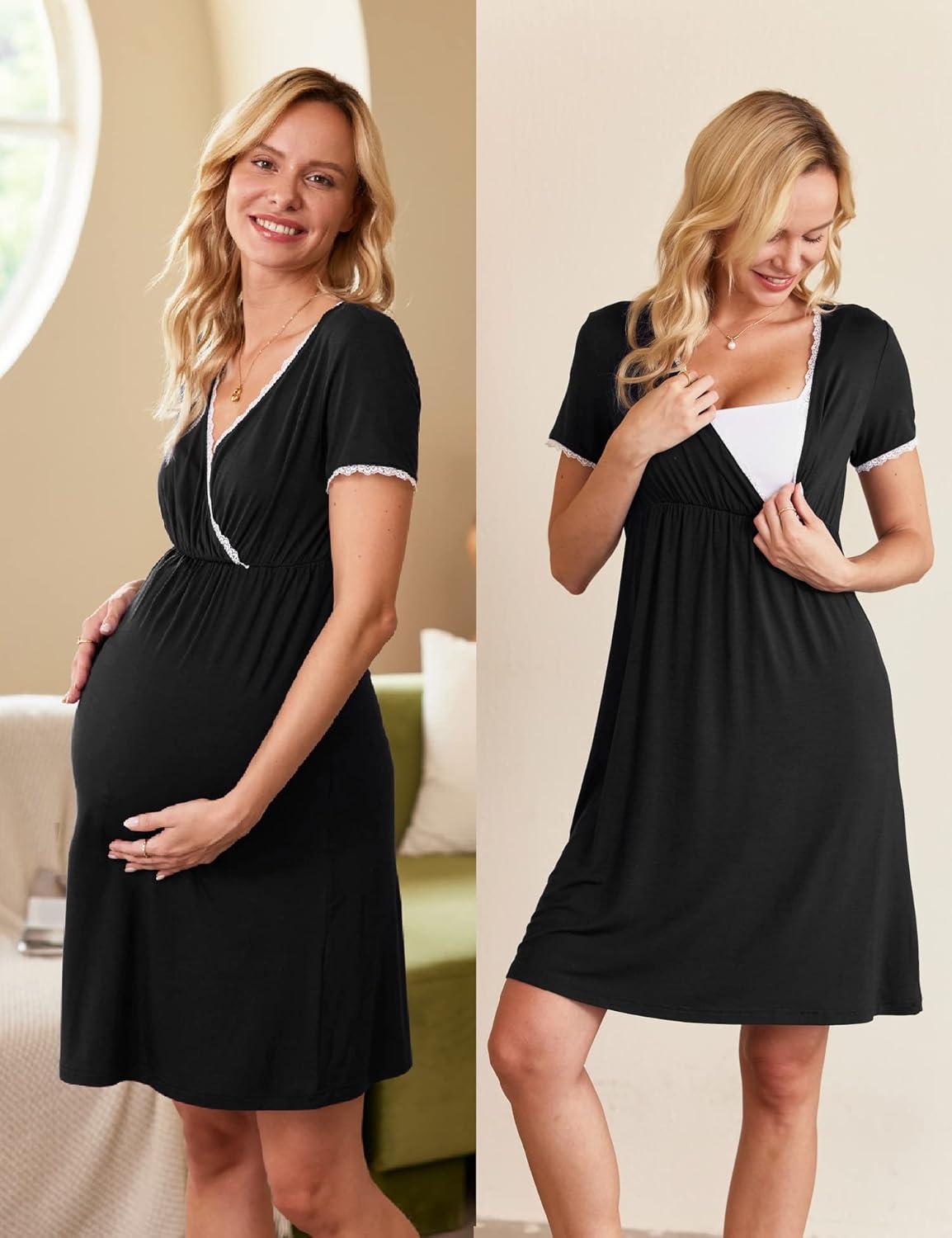 imageEkouaer Nursing Nightgown Delivery and Labor Gown for Hospital Short Sleeve Maternity Breastfeeding DressBlack