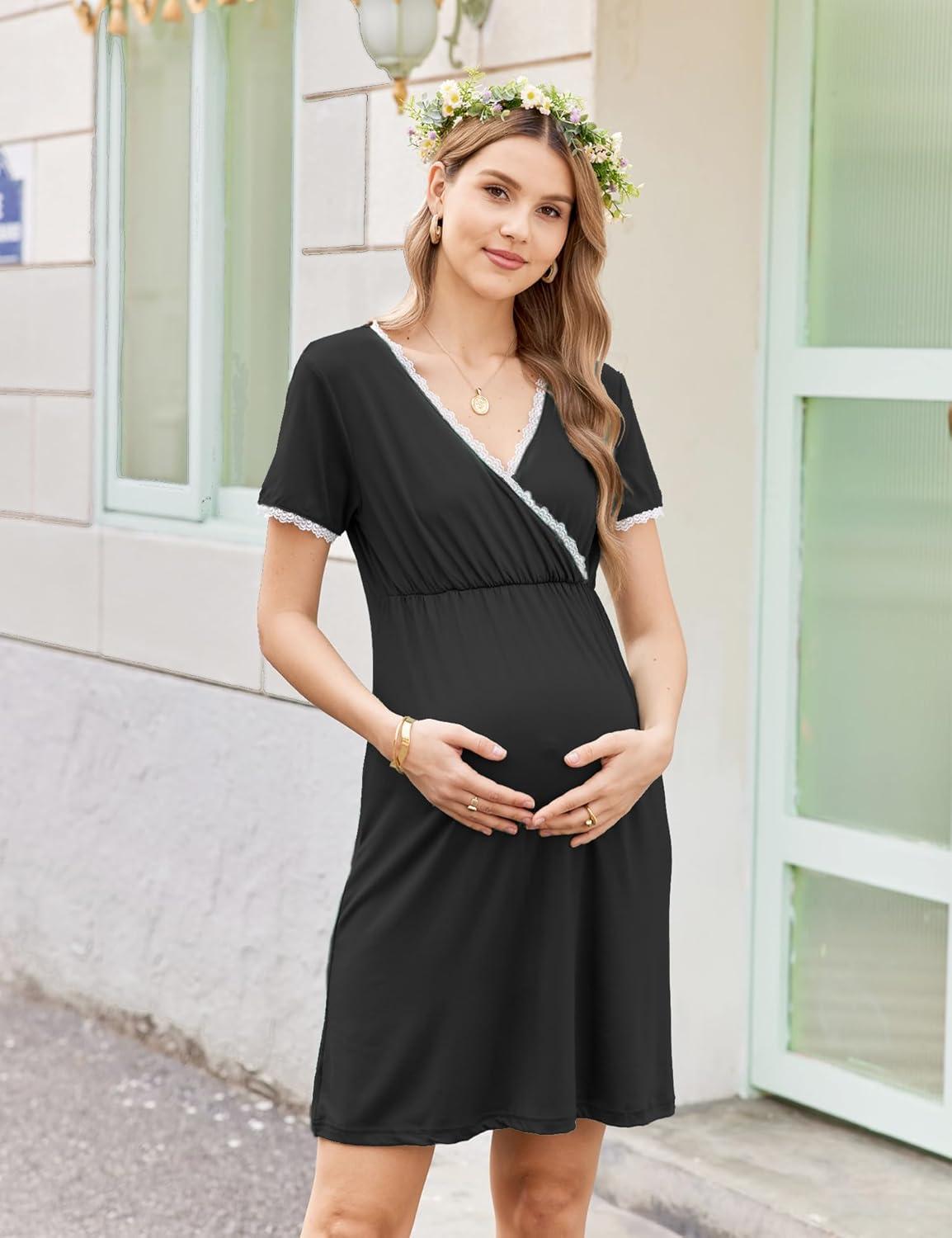 imageEkouaer Nursing Nightgown Delivery and Labor Gown for Hospital Short Sleeve Maternity Breastfeeding DressBlack