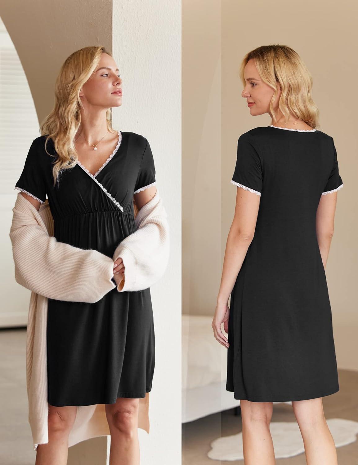 imageEkouaer Nursing Nightgown Delivery and Labor Gown for Hospital Short Sleeve Maternity Breastfeeding DressBlack