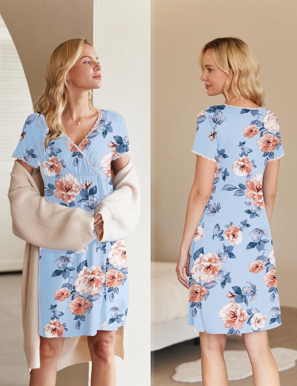imageEkouaer Nursing Nightgown Delivery and Labor Gown for Hospital Short Sleeve Maternity Breastfeeding DressBlue Floral