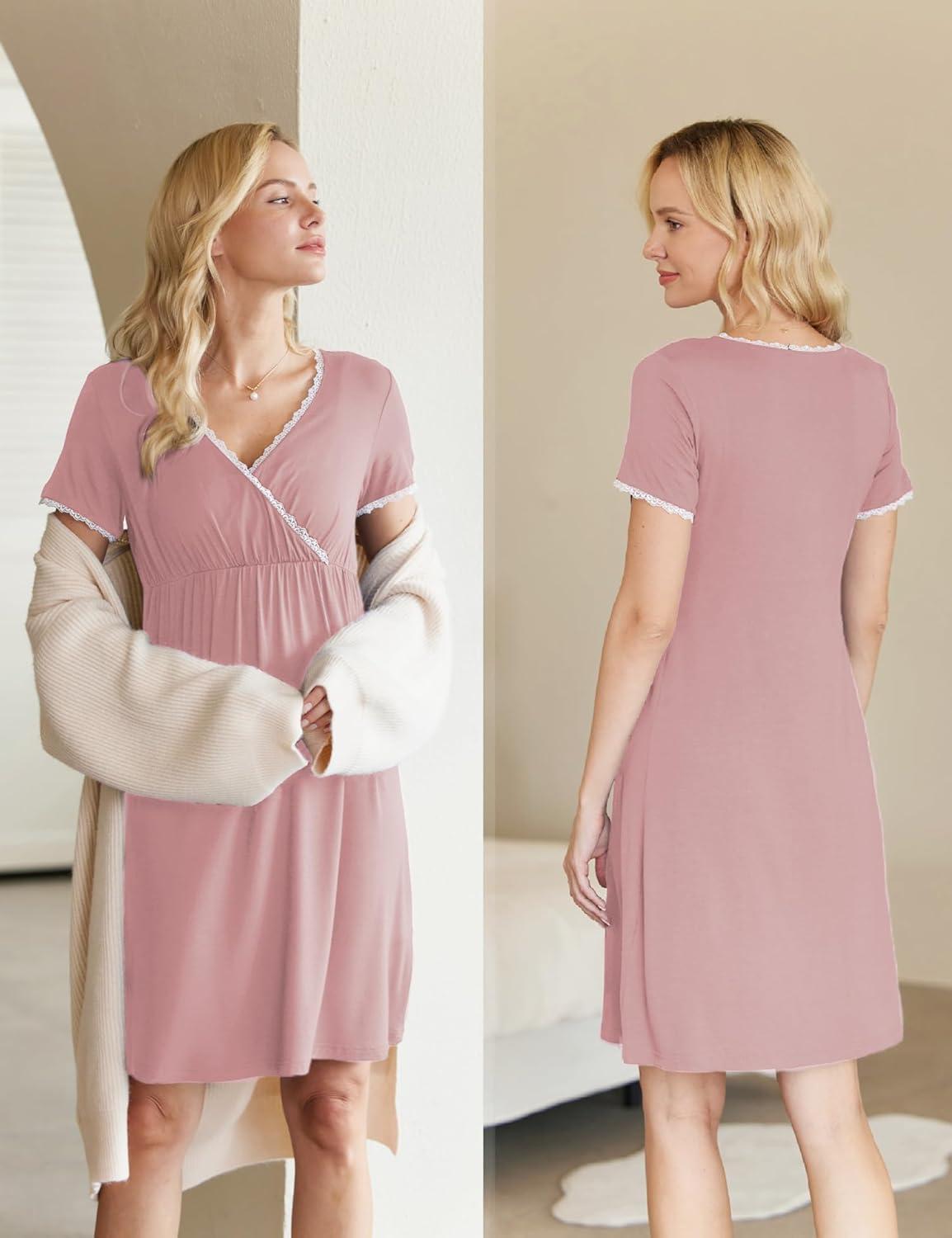 imageEkouaer Nursing Nightgown Delivery and Labor Gown for Hospital Short Sleeve Maternity Breastfeeding DressDusty Rose