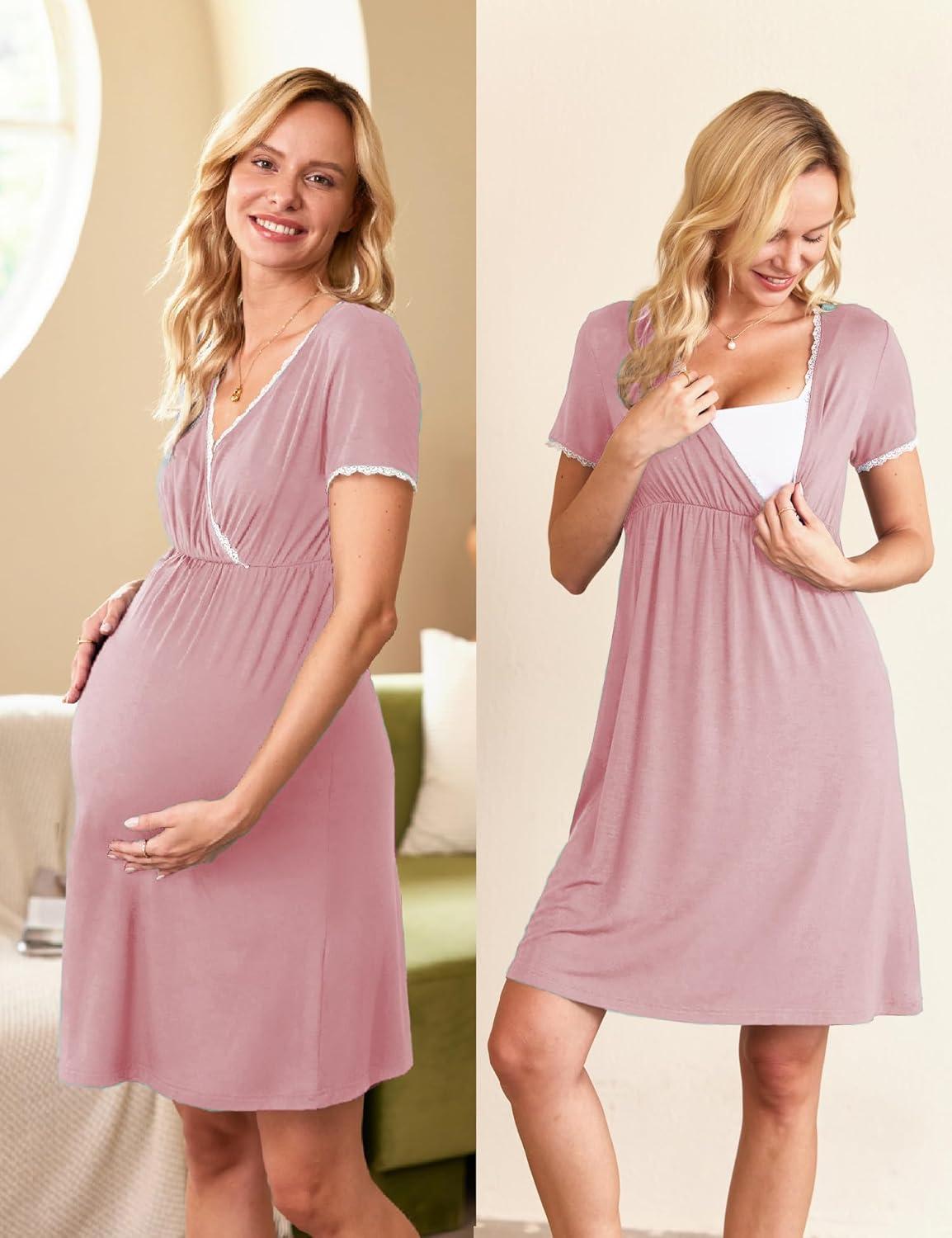 imageEkouaer Nursing Nightgown Delivery and Labor Gown for Hospital Short Sleeve Maternity Breastfeeding DressDusty Rose