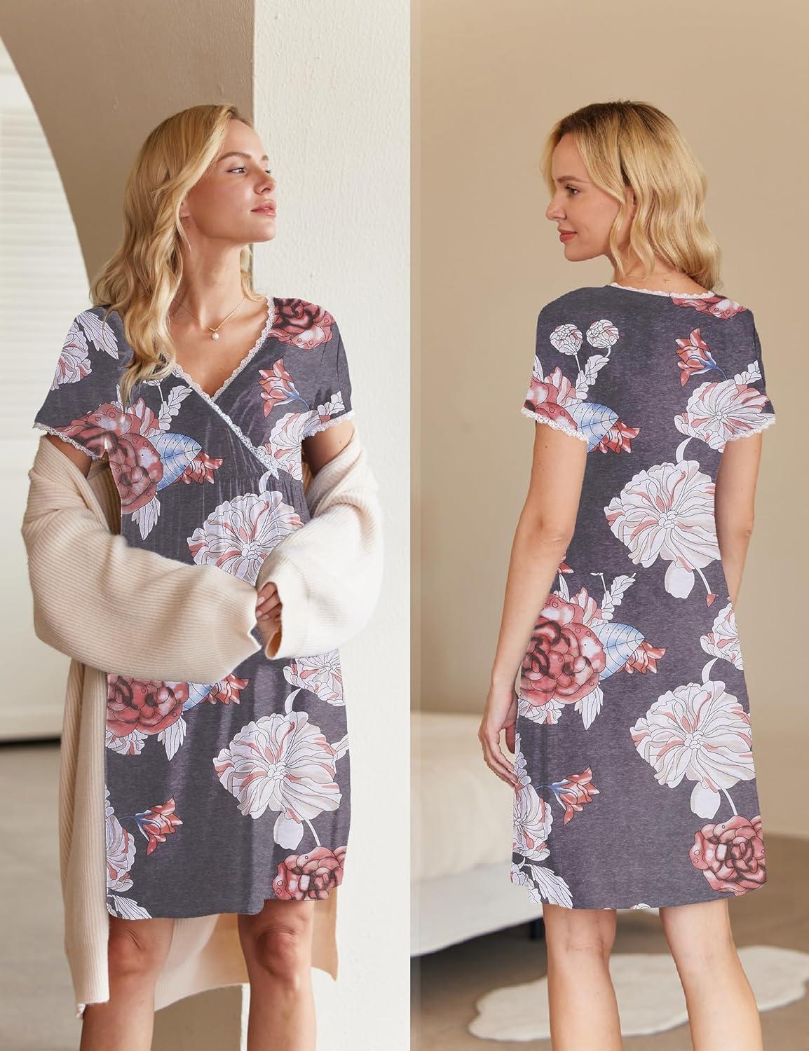 imageEkouaer Nursing Nightgown Delivery and Labor Gown for Hospital Short Sleeve Maternity Breastfeeding DressGray Flower