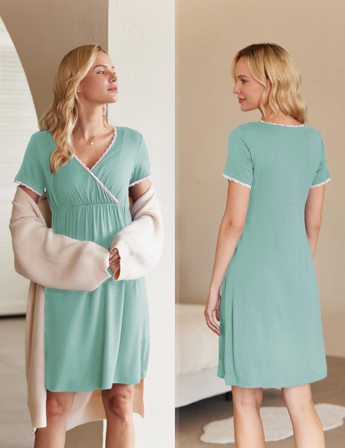 imageEkouaer Nursing Nightgown Delivery and Labor Gown for Hospital Short Sleeve Maternity Breastfeeding DressGreen
