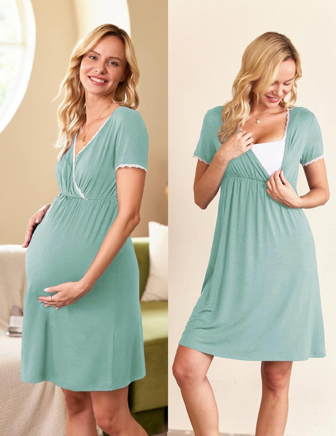 imageEkouaer Nursing Nightgown Delivery and Labor Gown for Hospital Short Sleeve Maternity Breastfeeding DressGreen