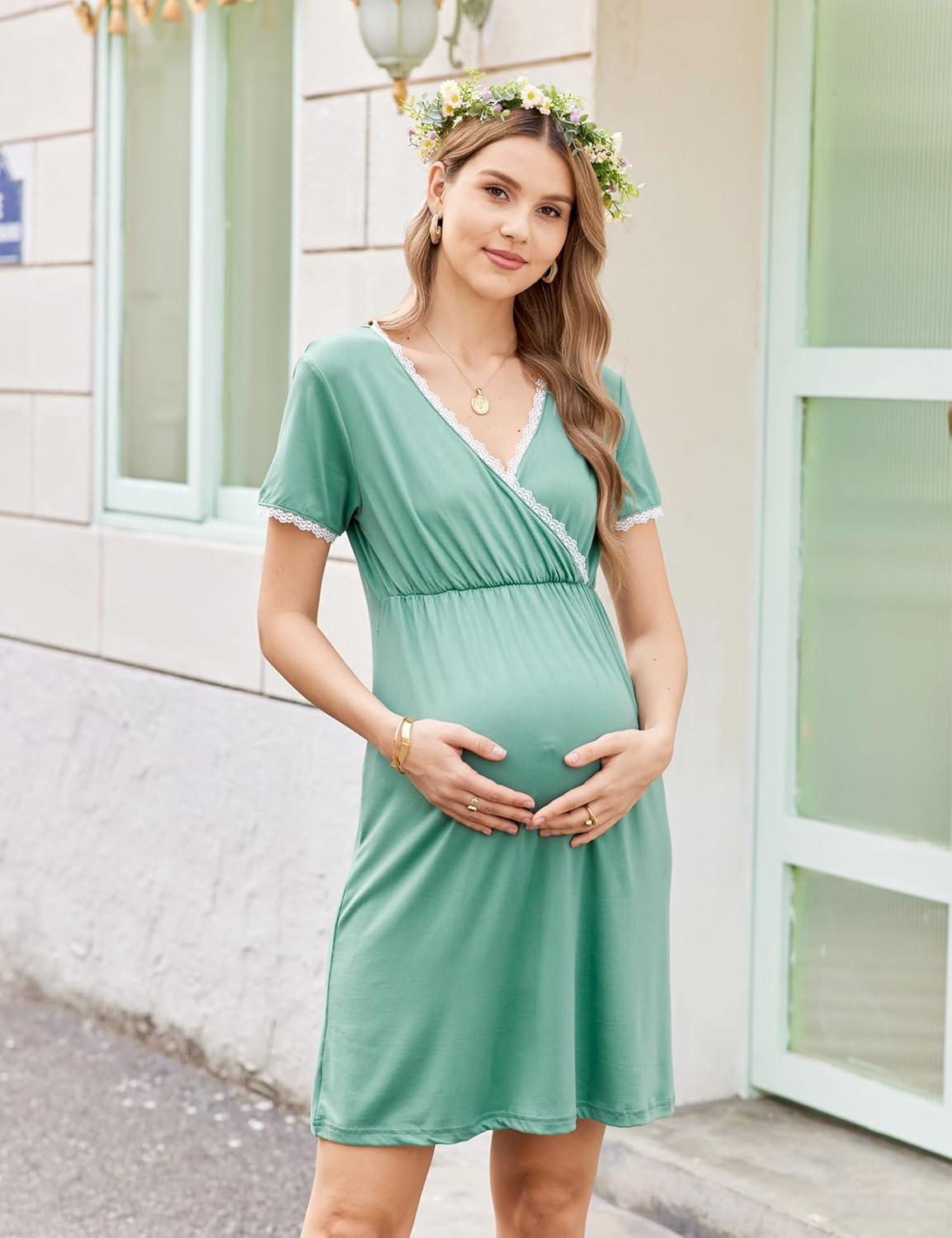 imageEkouaer Nursing Nightgown Delivery and Labor Gown for Hospital Short Sleeve Maternity Breastfeeding DressGreen