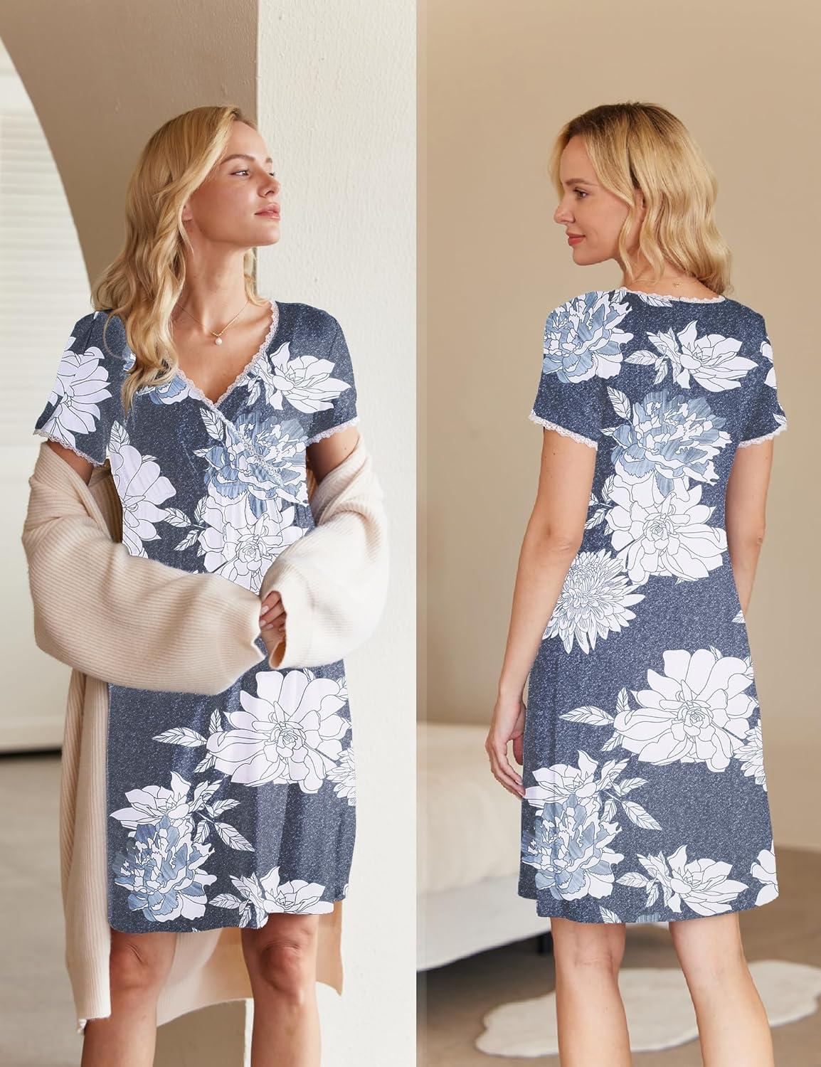 imageEkouaer Nursing Nightgown Delivery and Labor Gown for Hospital Short Sleeve Maternity Breastfeeding DressGrey White Floral