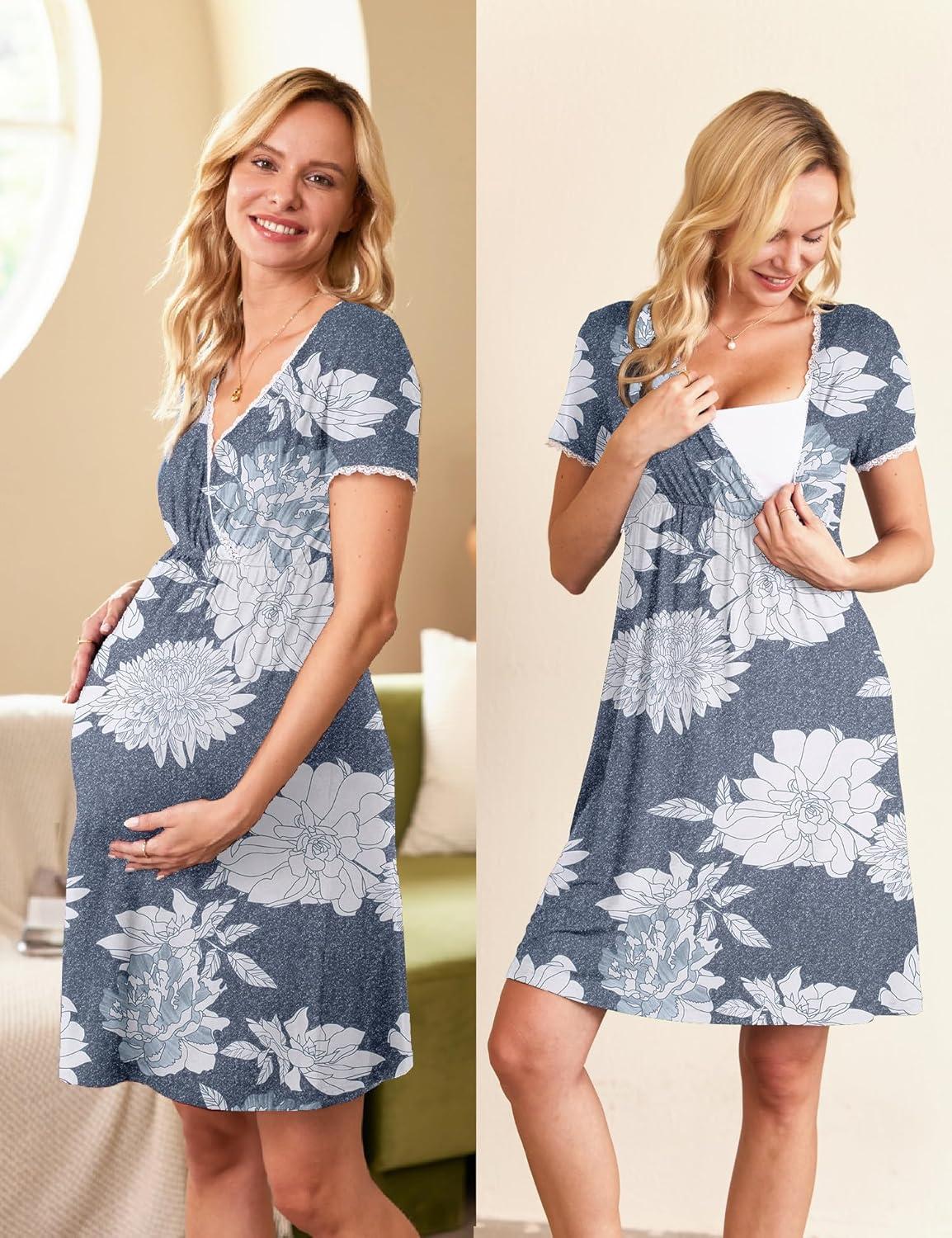 imageEkouaer Nursing Nightgown Delivery and Labor Gown for Hospital Short Sleeve Maternity Breastfeeding DressGrey White Floral