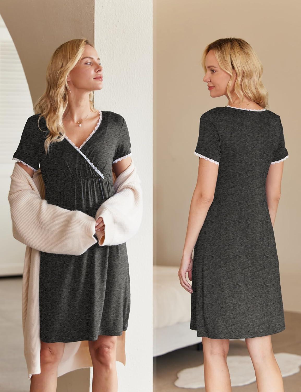 imageEkouaer Nursing Nightgown Delivery and Labor Gown for Hospital Short Sleeve Maternity Breastfeeding DressHeather Dark Gray