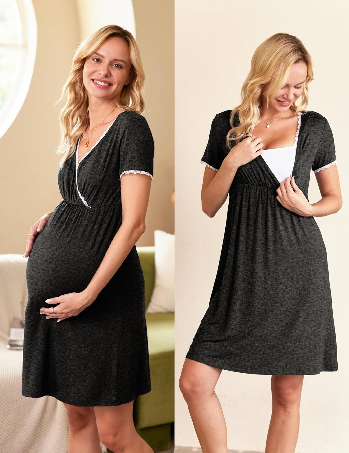 imageEkouaer Nursing Nightgown Delivery and Labor Gown for Hospital Short Sleeve Maternity Breastfeeding DressHeather Dark Gray