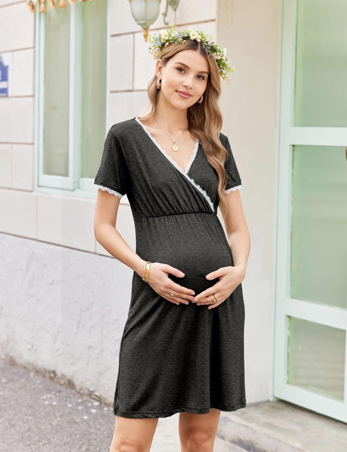 imageEkouaer Nursing Nightgown Delivery and Labor Gown for Hospital Short Sleeve Maternity Breastfeeding DressHeather Dark Gray