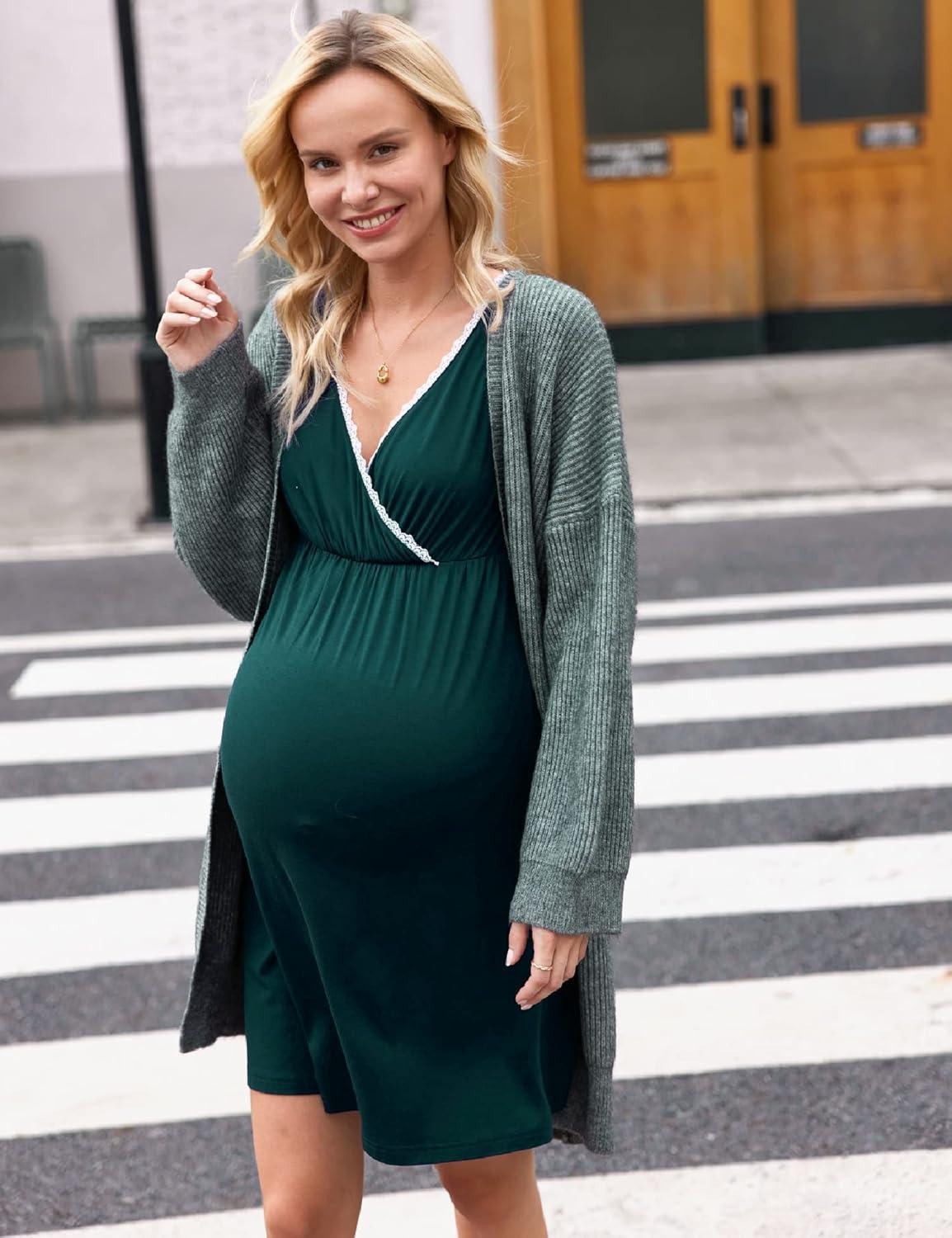 imageEkouaer Nursing Nightgown Delivery and Labor Gown for Hospital Short Sleeve Maternity Breastfeeding DressHuntergreen