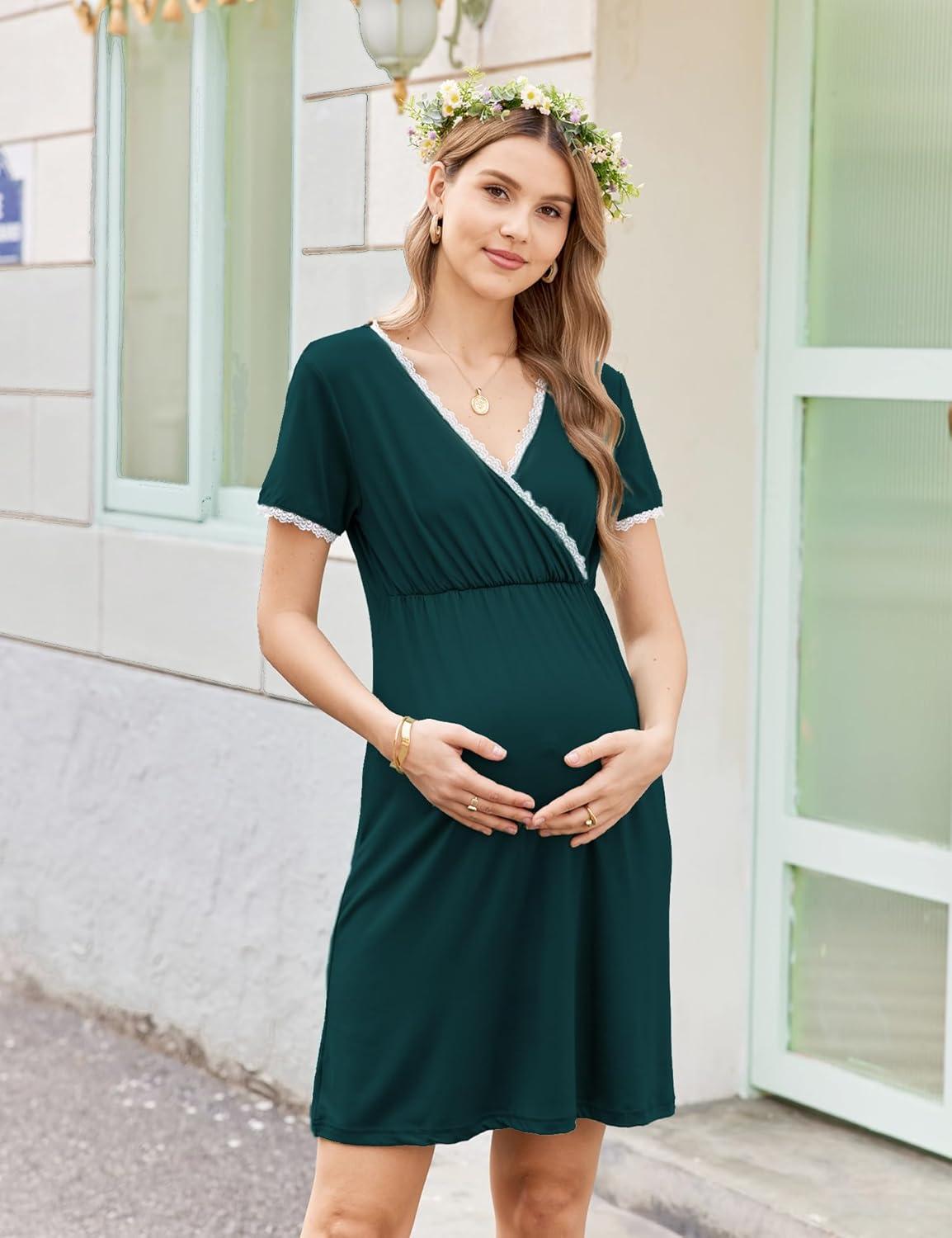 imageEkouaer Nursing Nightgown Delivery and Labor Gown for Hospital Short Sleeve Maternity Breastfeeding DressHuntergreen