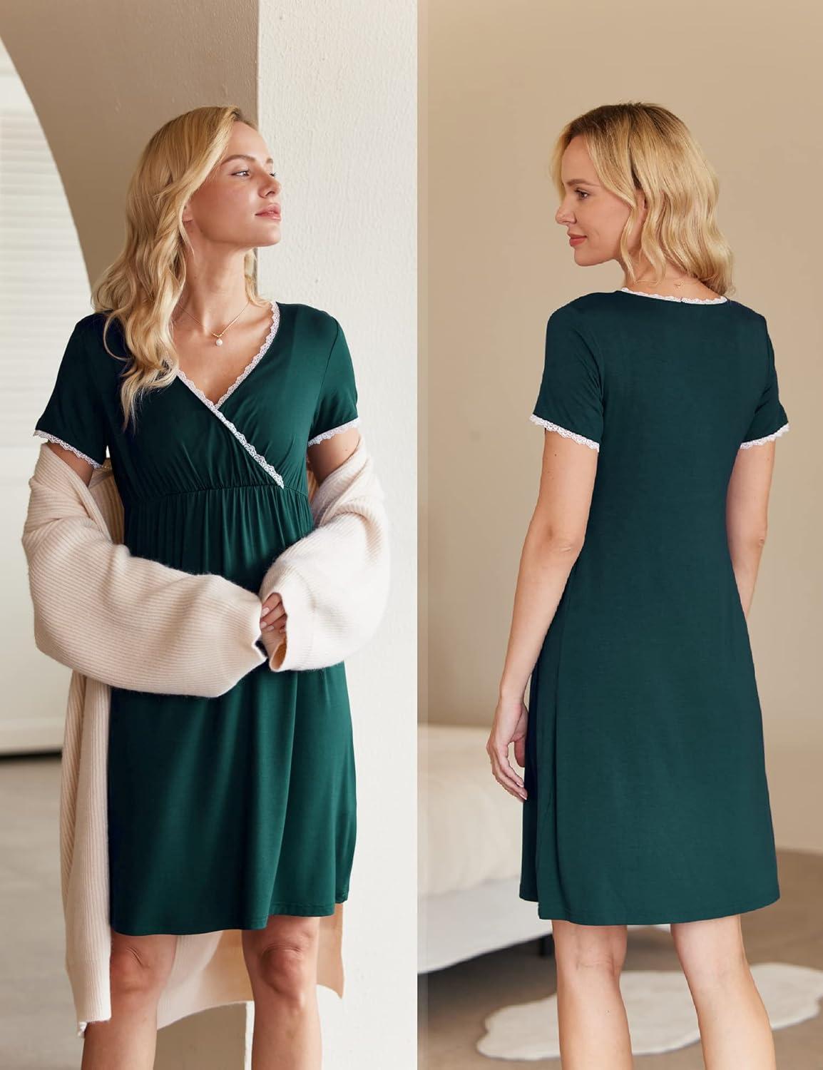 imageEkouaer Nursing Nightgown Delivery and Labor Gown for Hospital Short Sleeve Maternity Breastfeeding DressHuntergreen