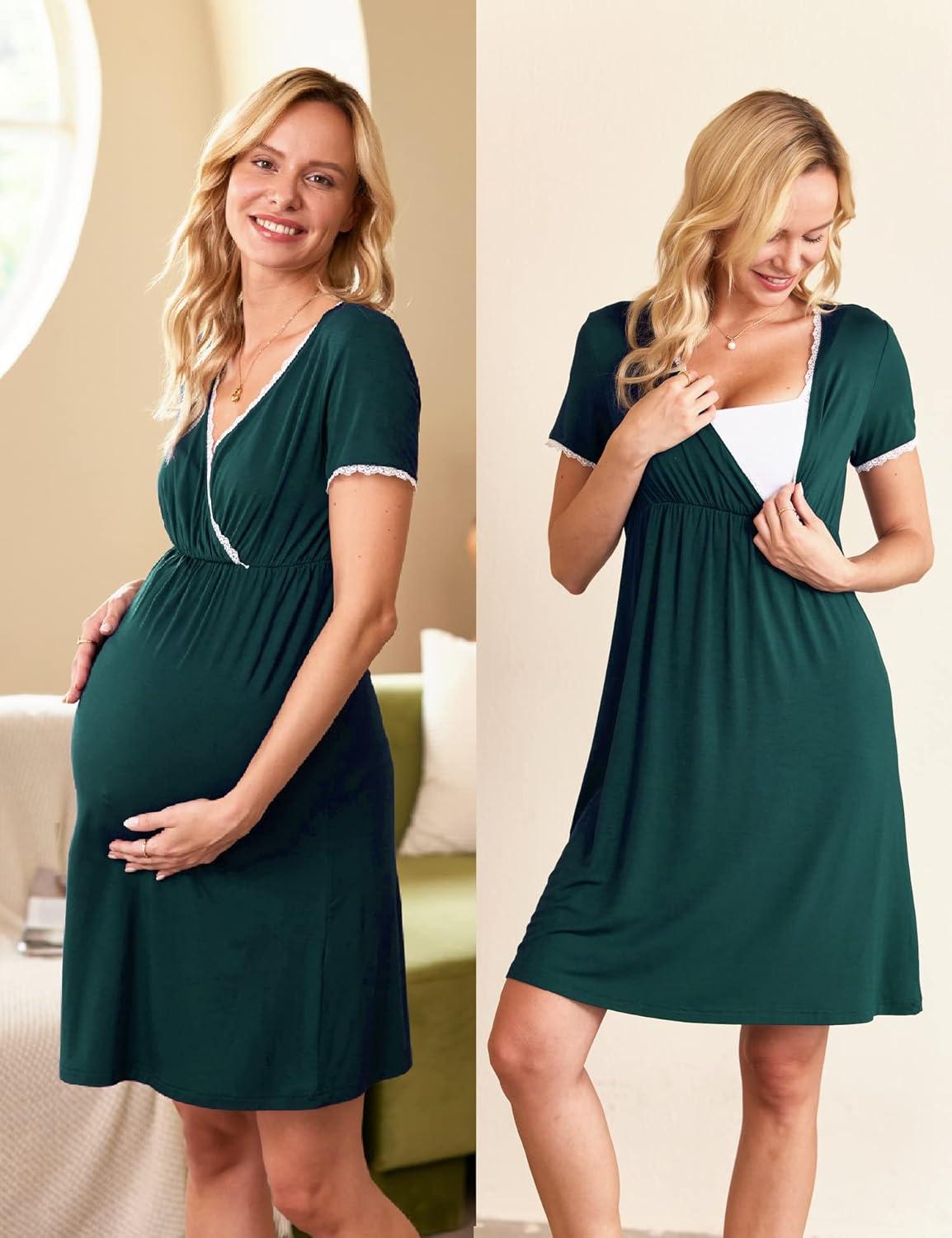 imageEkouaer Nursing Nightgown Delivery and Labor Gown for Hospital Short Sleeve Maternity Breastfeeding DressHuntergreen