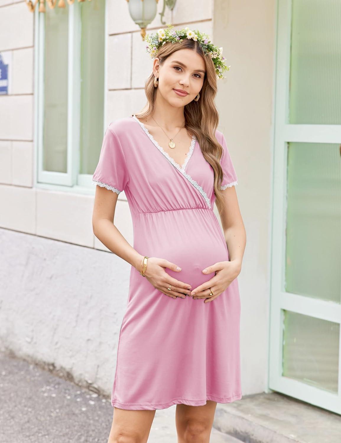 imageEkouaer Nursing Nightgown Delivery and Labor Gown for Hospital Short Sleeve Maternity Breastfeeding DressMisty Rose