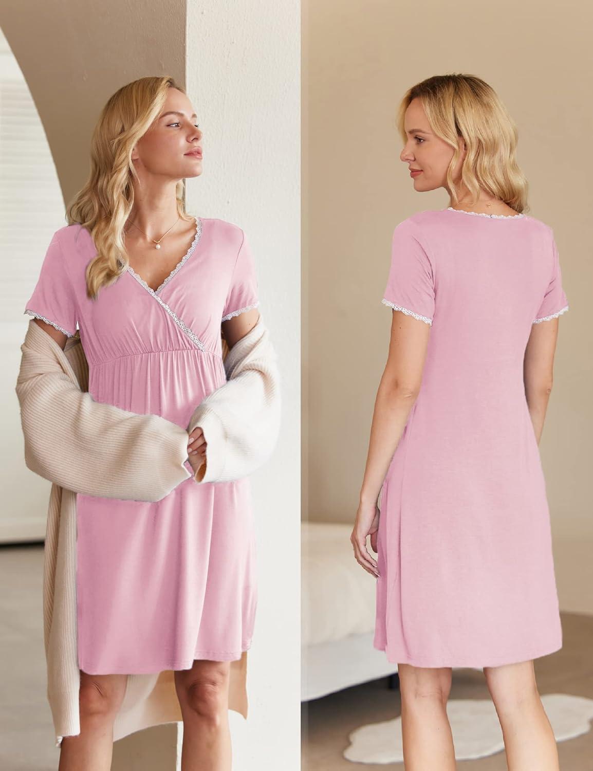 imageEkouaer Nursing Nightgown Delivery and Labor Gown for Hospital Short Sleeve Maternity Breastfeeding DressMisty Rose