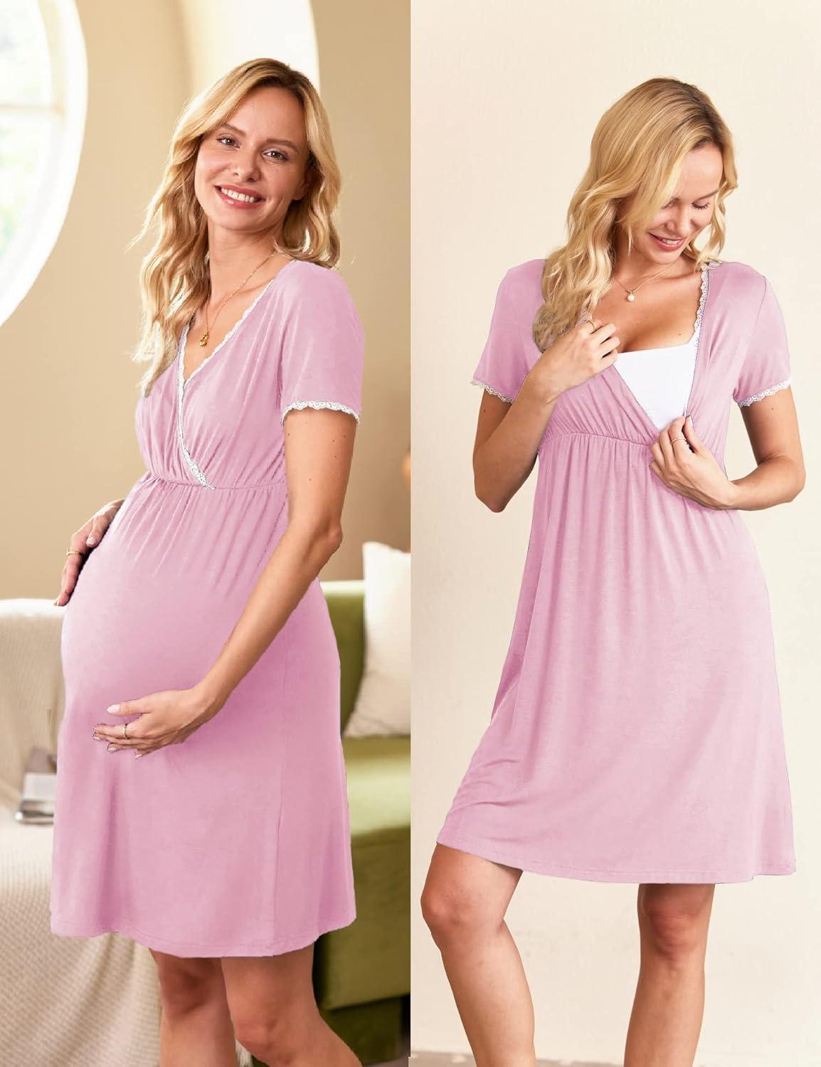 imageEkouaer Nursing Nightgown Delivery and Labor Gown for Hospital Short Sleeve Maternity Breastfeeding DressMisty Rose