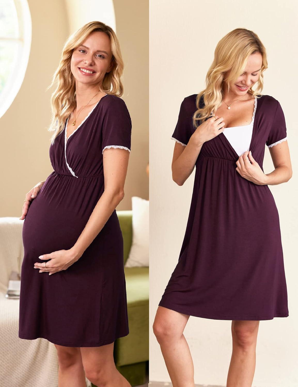 imageEkouaer Nursing Nightgown Delivery and Labor Gown for Hospital Short Sleeve Maternity Breastfeeding DressRosewood
