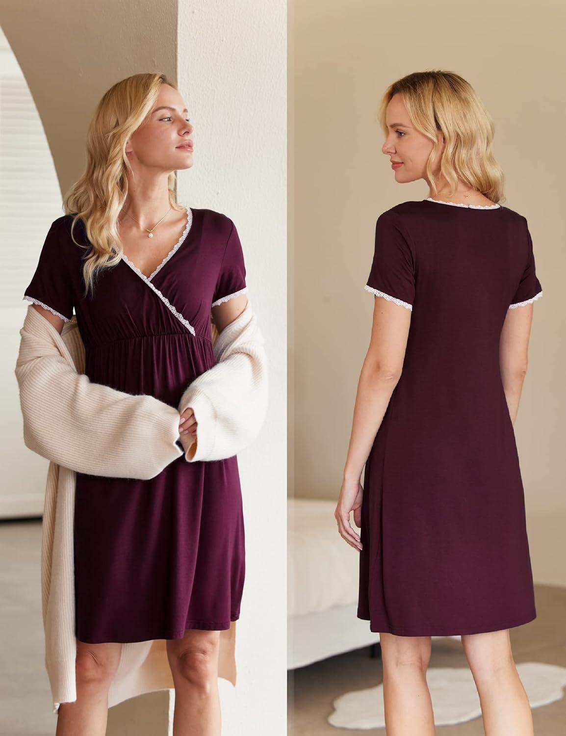 imageEkouaer Nursing Nightgown Delivery and Labor Gown for Hospital Short Sleeve Maternity Breastfeeding DressRosewood