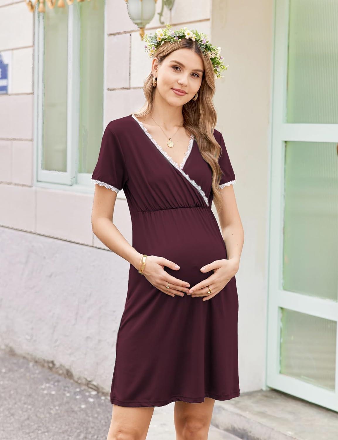 imageEkouaer Nursing Nightgown Delivery and Labor Gown for Hospital Short Sleeve Maternity Breastfeeding DressRosewood