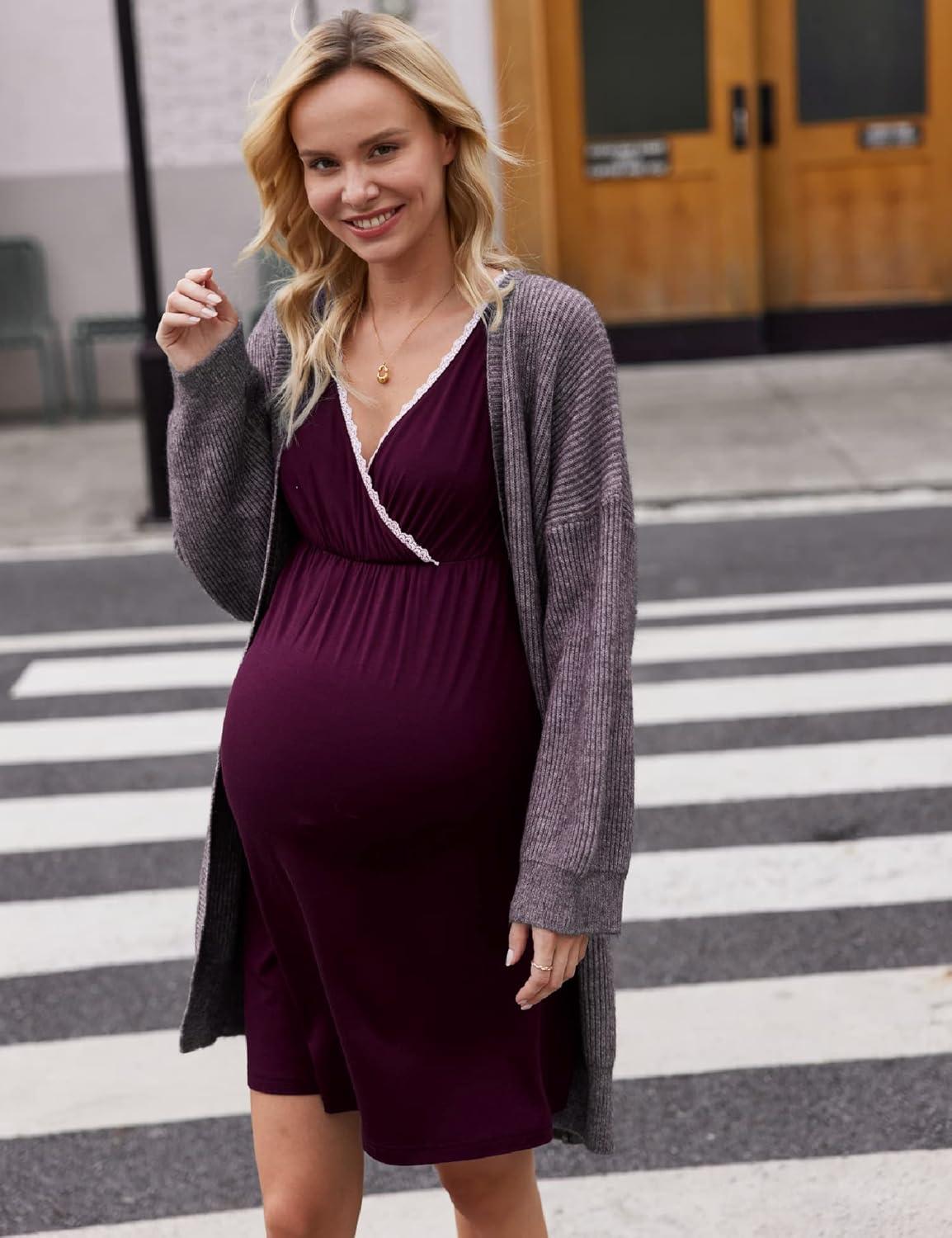 imageEkouaer Nursing Nightgown Delivery and Labor Gown for Hospital Short Sleeve Maternity Breastfeeding DressRosewood
