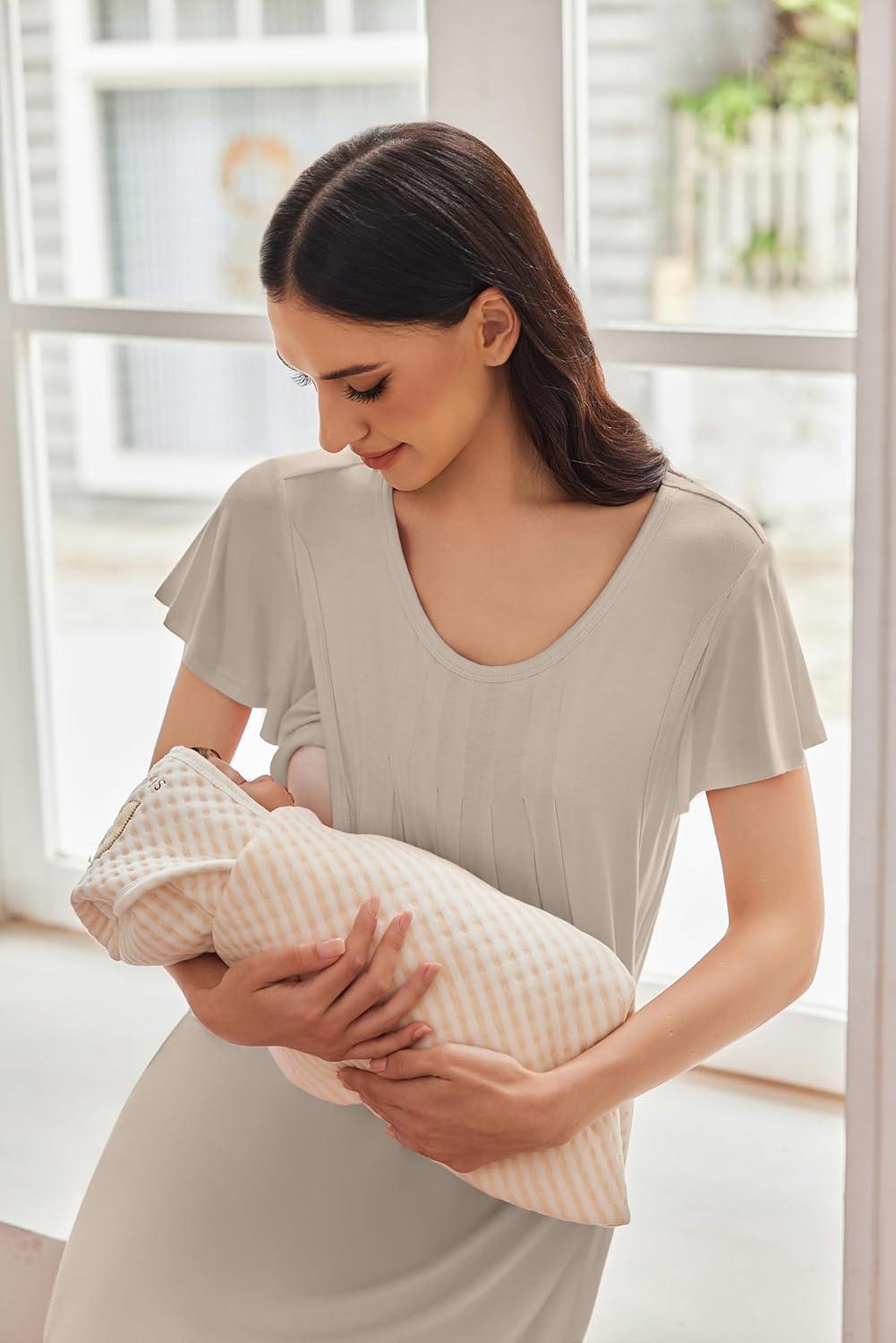 imageEkouaer Nursing Nightgown Labor and Delivery Gown Hospital Breastfeeding Dress for Women Short Sleeve Maternity SleepwearMoon Gray