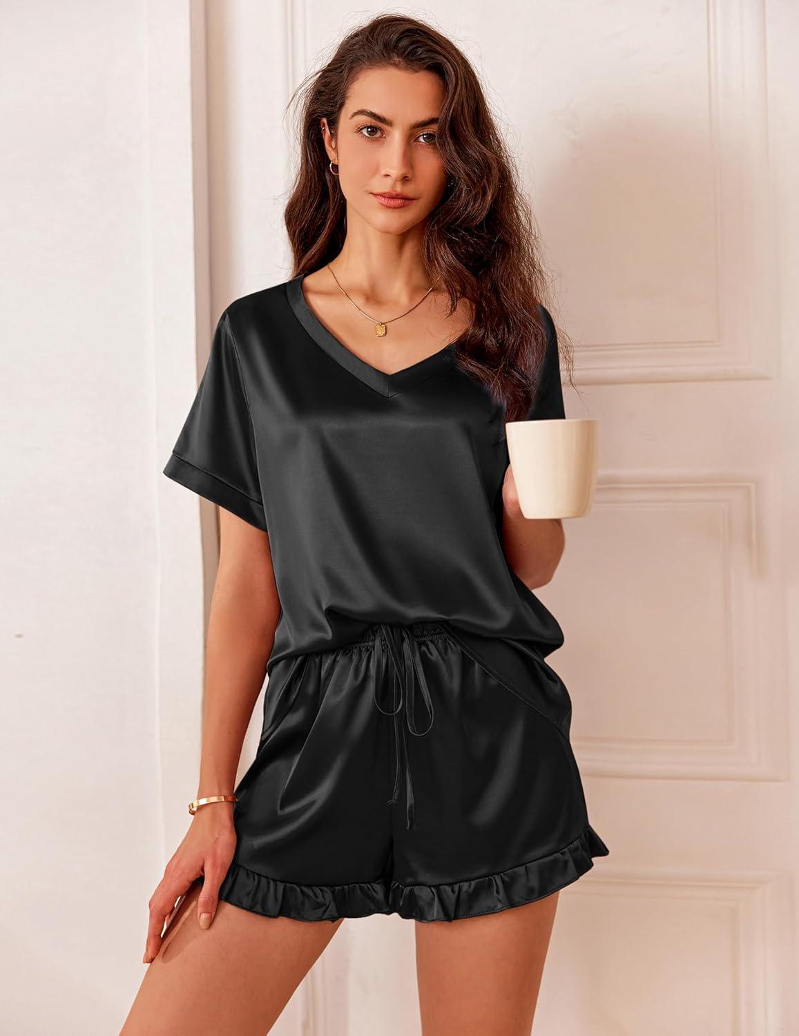 imageEkouaer Satin Pajamas for Women Short Sleeve Silk Sleepwear 2 Piece Pjs Set with Ruffled Shorts Casual LoungewearBlack