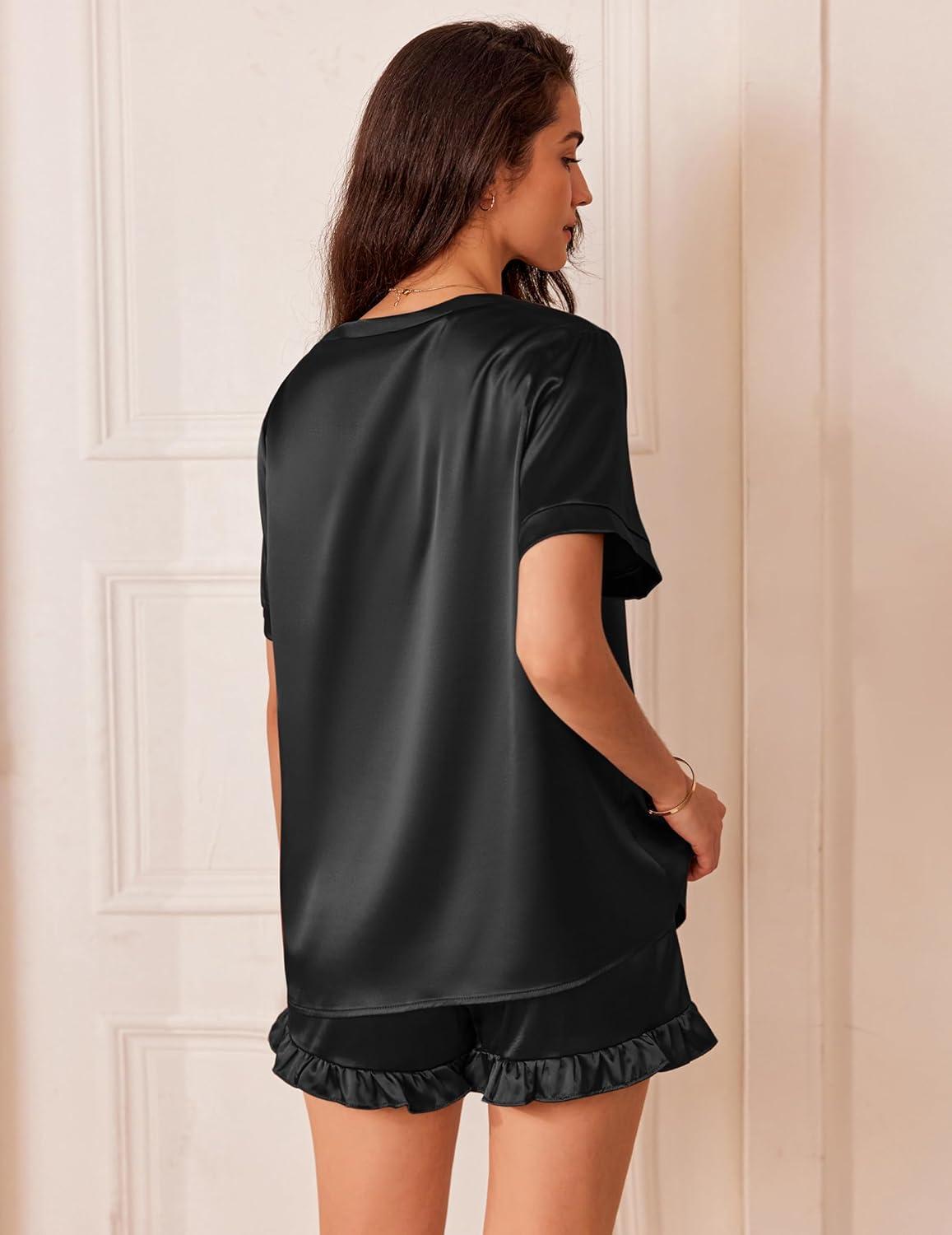 imageEkouaer Satin Pajamas for Women Short Sleeve Silk Sleepwear 2 Piece Pjs Set with Ruffled Shorts Casual LoungewearBlack