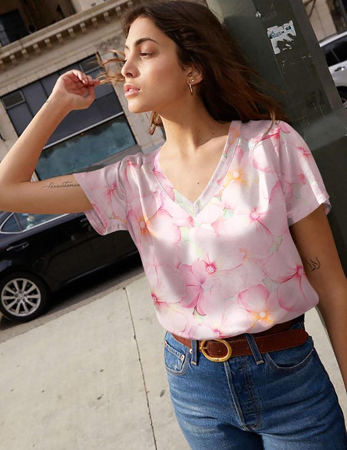 imageEkouaer Satin Pajamas for Women Short Sleeve Silk Sleepwear 2 Piece Pjs Set with Ruffled Shorts Casual LoungewearPink Flower