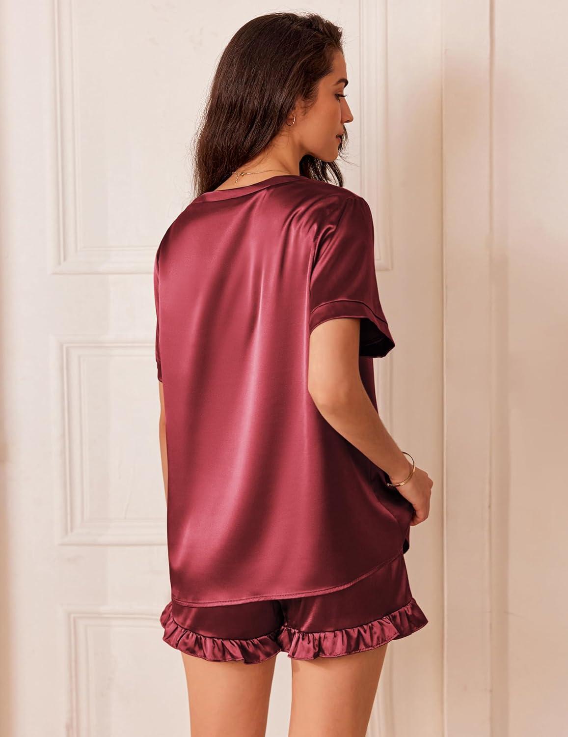imageEkouaer Satin Pajamas for Women Short Sleeve Silk Sleepwear 2 Piece Pjs Set with Ruffled Shorts Casual LoungewearWind Red