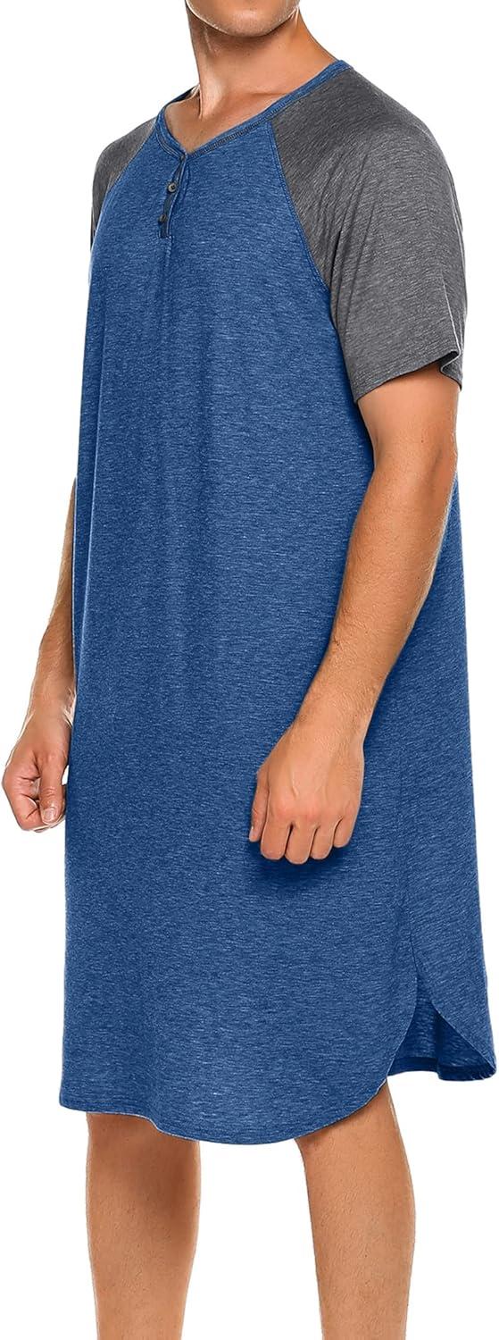 imageEkouaer Sleepwear Mens Nightshirt Short Sleeve Pajamas Comfy Big amp Tall Henley Sleep Shirt MXXXLBlue With Dark Grey