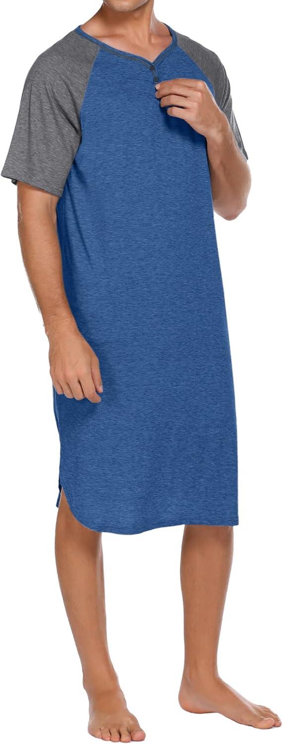 imageEkouaer Sleepwear Mens Nightshirt Short Sleeve Pajamas Comfy Big amp Tall Henley Sleep Shirt MXXXLBlue With Dark Grey