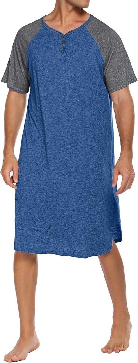 imageEkouaer Sleepwear Mens Nightshirt Short Sleeve Pajamas Comfy Big amp Tall Henley Sleep Shirt MXXXLBlue With Dark Grey