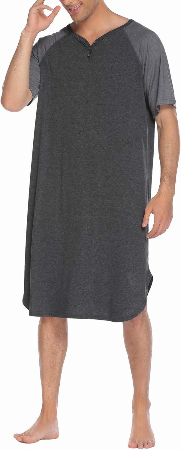 imageEkouaer Sleepwear Mens Nightshirt Short Sleeve Pajamas Comfy Big amp Tall Henley Sleep Shirt MXXXLDark Grey With Light Grey