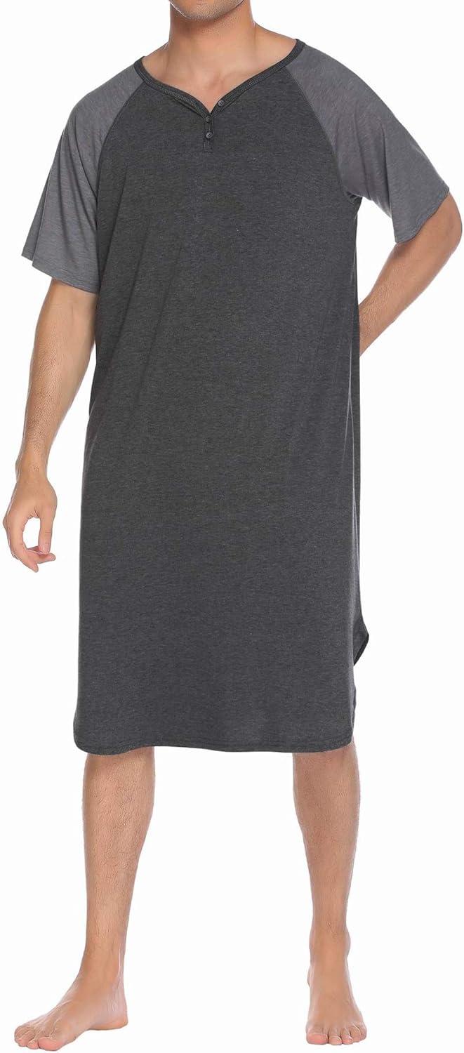 imageEkouaer Sleepwear Mens Nightshirt Short Sleeve Pajamas Comfy Big amp Tall Henley Sleep Shirt MXXXLDark Grey With Light Grey