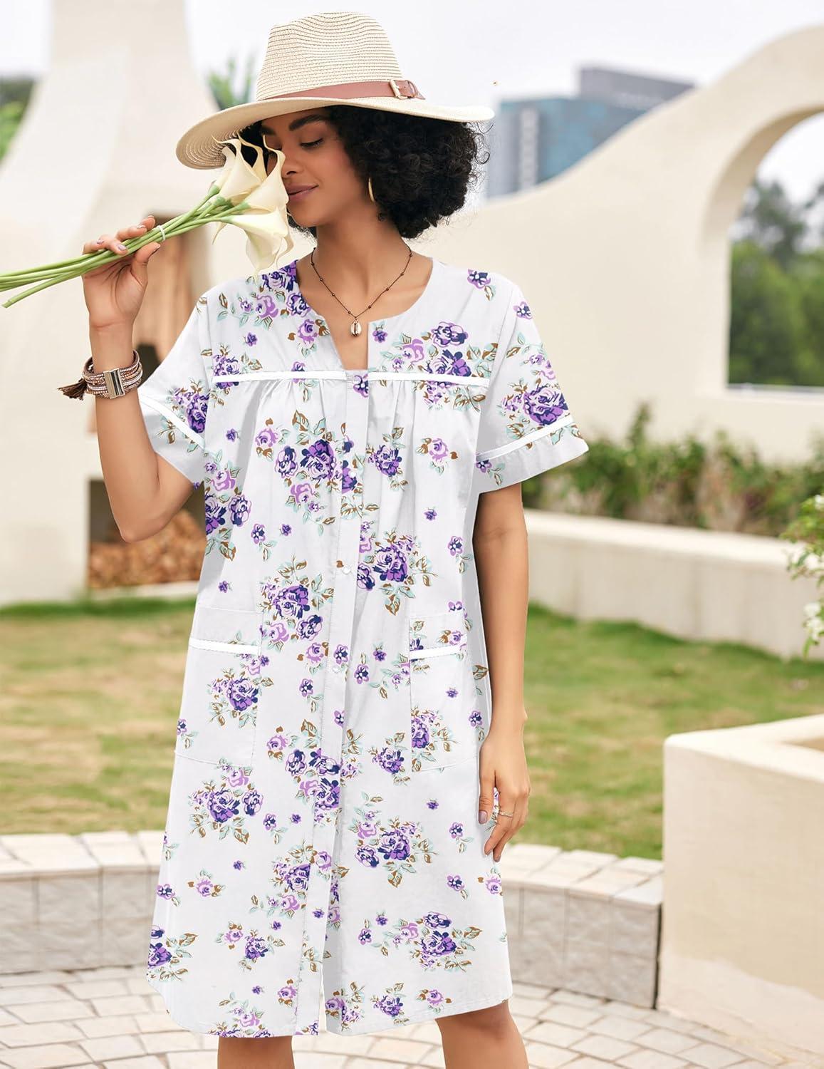 imageEkouaer Sleepwear Womens Snap Front Nightgown Housecoat Cotton Duster Short Sleeve House DressWhite Purple Florals