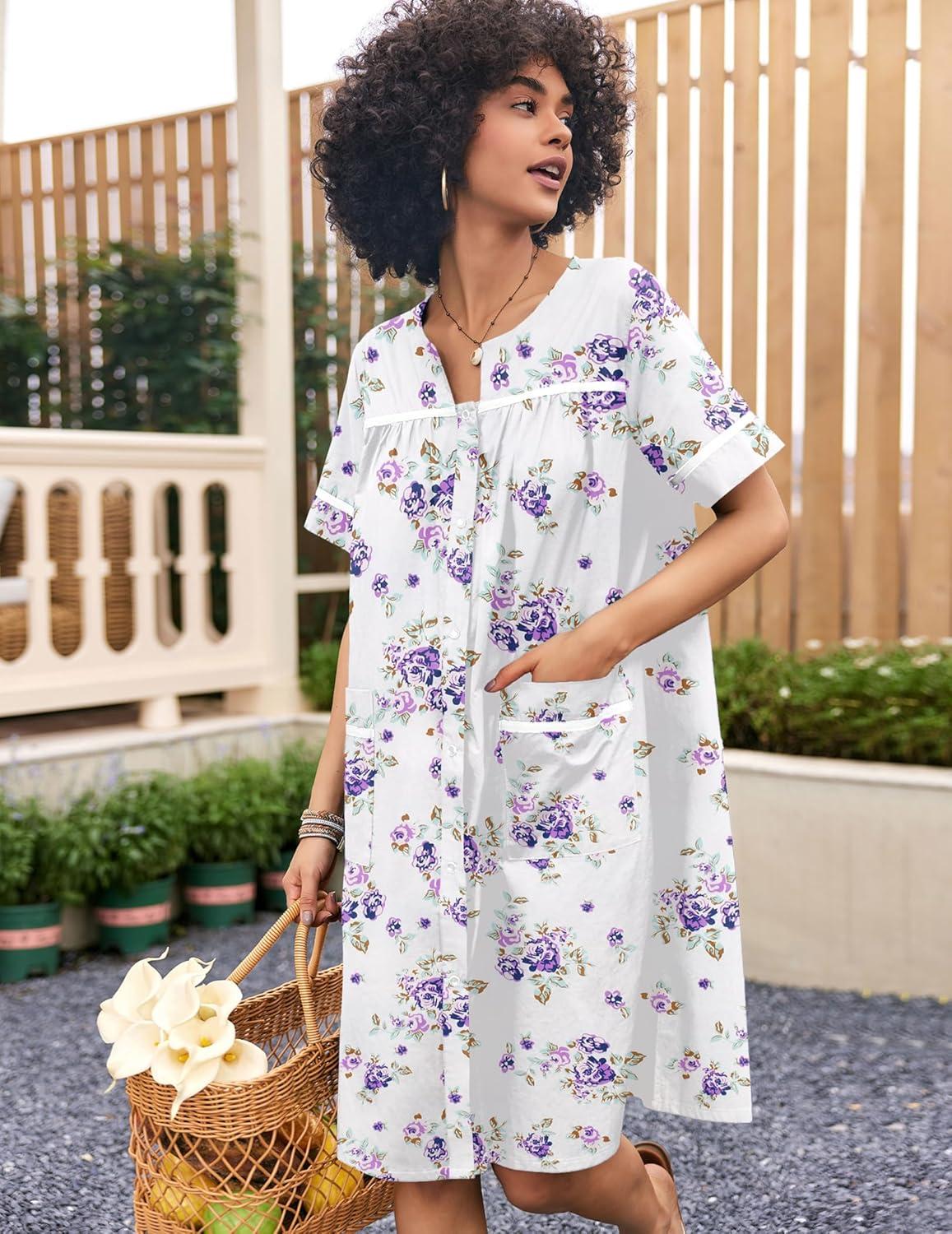 imageEkouaer Sleepwear Womens Snap Front Nightgown Housecoat Cotton Duster Short Sleeve House DressWhite Purple Florals