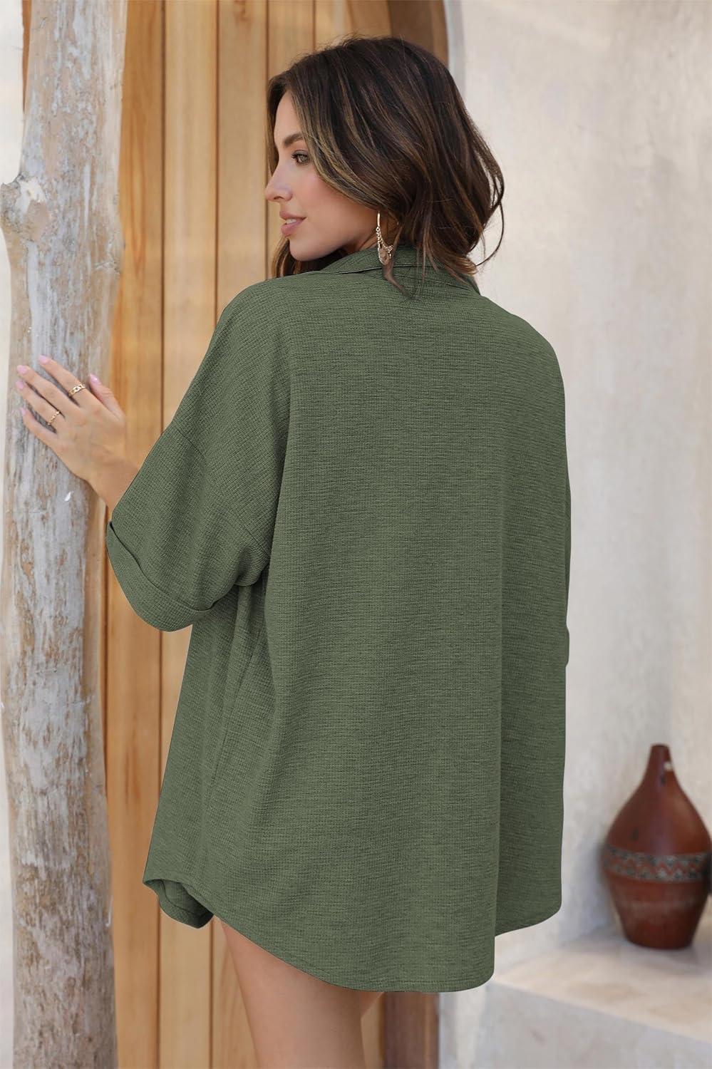 imageEkouaer Waffle Knit Lounge Sets for Women Short Sleeve Pajamas Button Down Pjs Oversized Loungewear Shorts SetArmy Green