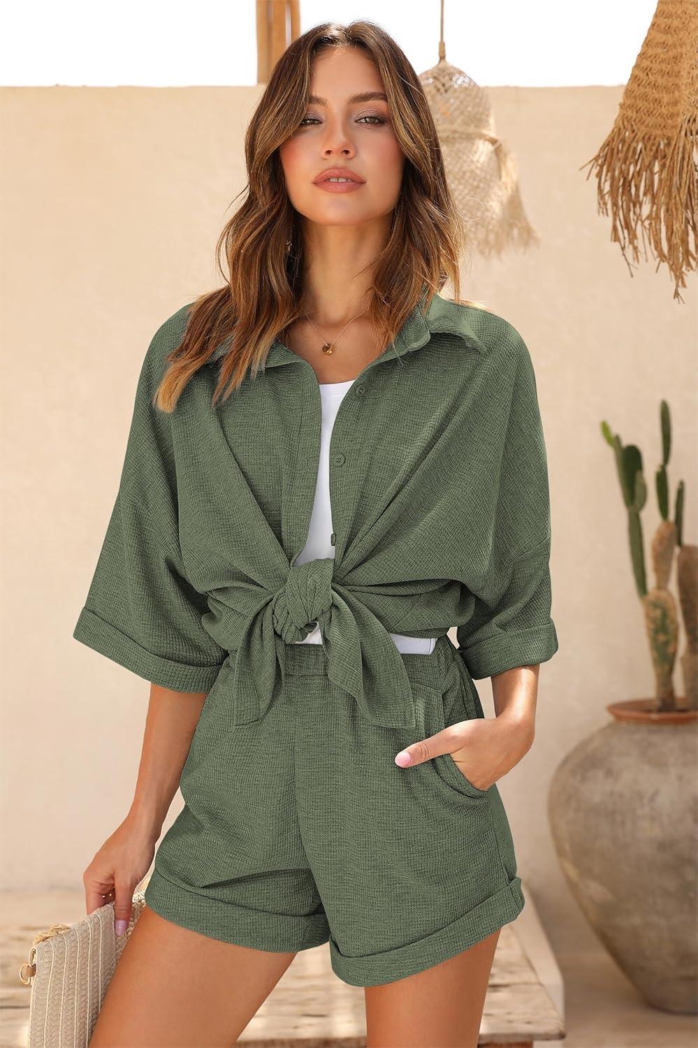 imageEkouaer Waffle Knit Lounge Sets for Women Short Sleeve Pajamas Button Down Pjs Oversized Loungewear Shorts SetArmy Green