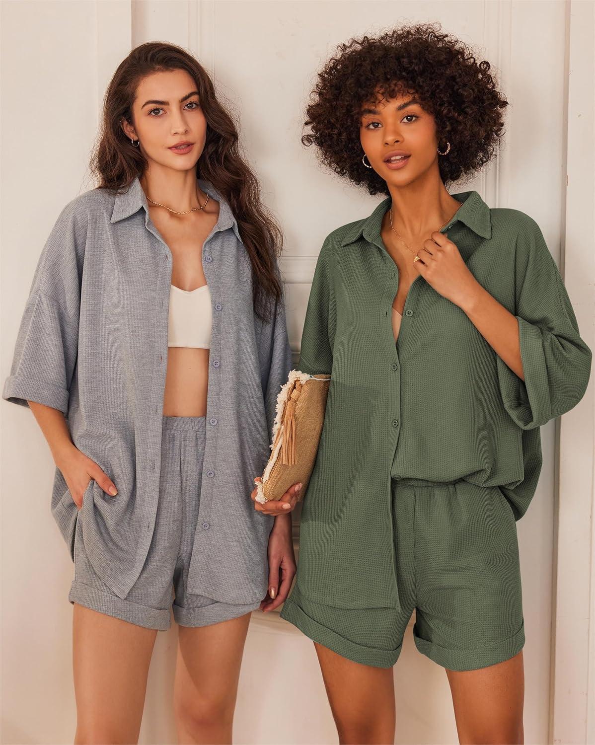 imageEkouaer Waffle Knit Lounge Sets for Women Short Sleeve Pajamas Button Down Pjs Oversized Loungewear Shorts SetArmy Green