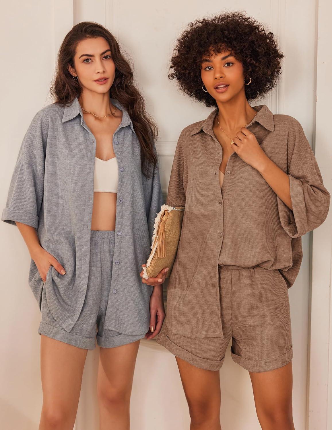 imageEkouaer Waffle Knit Lounge Sets for Women Short Sleeve Pajamas Button Down Pjs Oversized Loungewear Shorts SetBrown