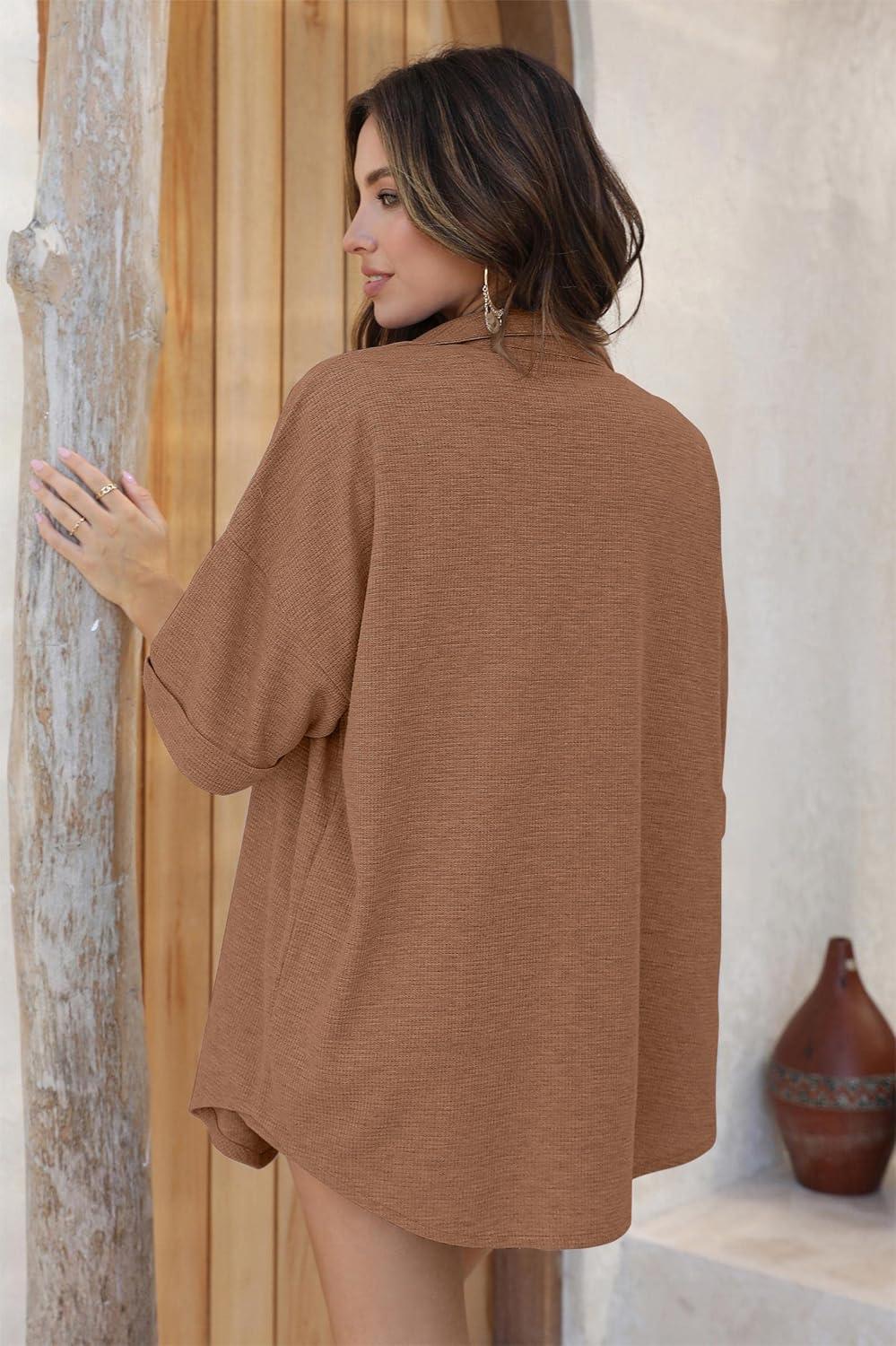 imageEkouaer Waffle Knit Lounge Sets for Women Short Sleeve Pajamas Button Down Pjs Oversized Loungewear Shorts SetBrown
