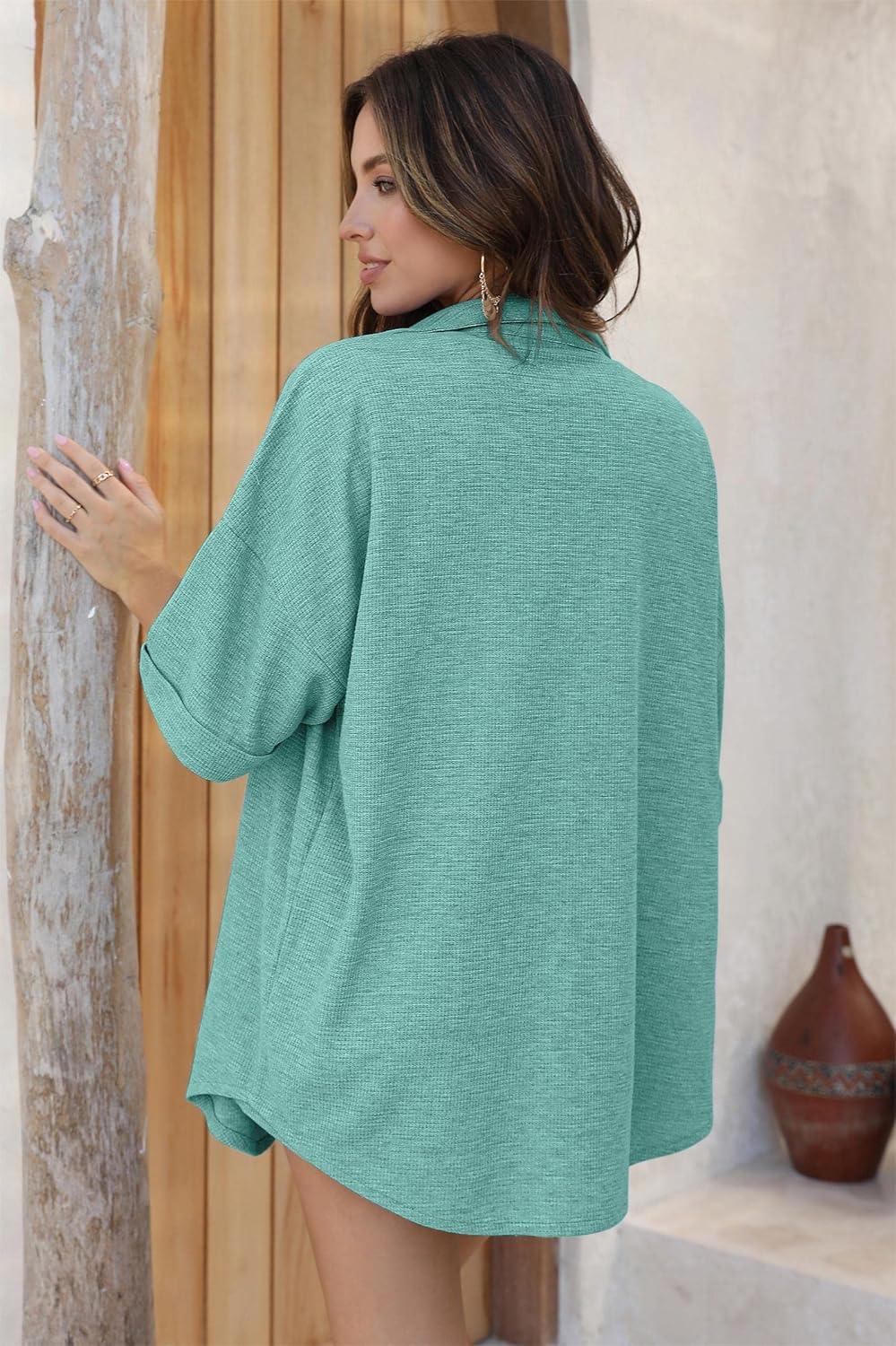 imageEkouaer Waffle Knit Lounge Sets for Women Short Sleeve Pajamas Button Down Pjs Oversized Loungewear Shorts SetMint Green