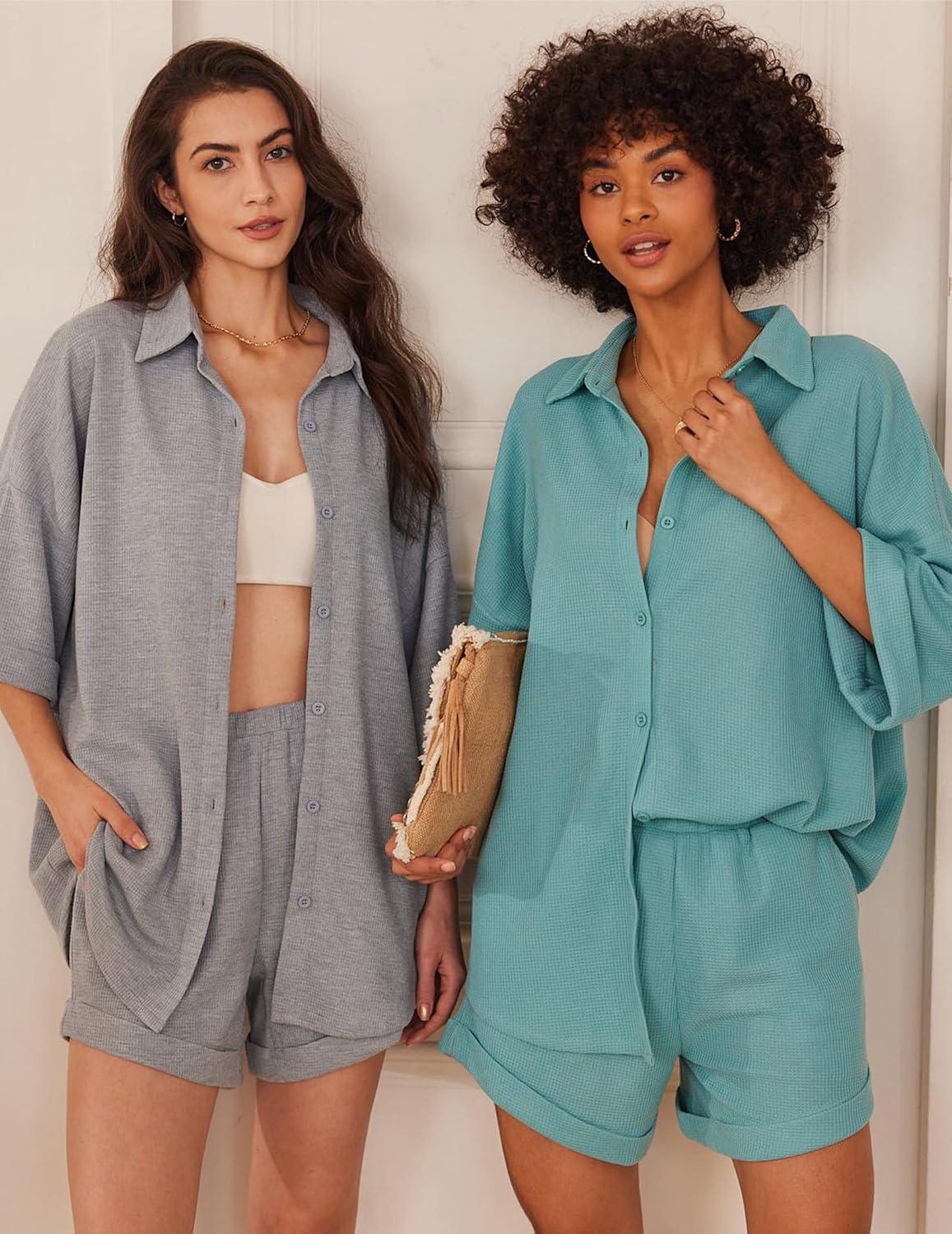 imageEkouaer Waffle Knit Lounge Sets for Women Short Sleeve Pajamas Button Down Pjs Oversized Loungewear Shorts SetMint Green