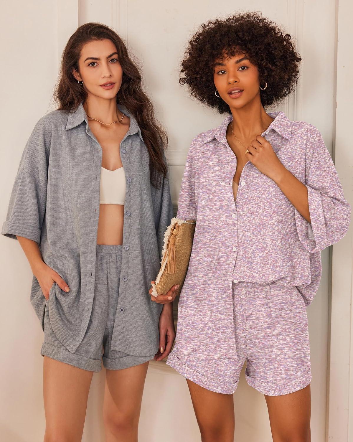 imageEkouaer Waffle Knit Lounge Sets for Women Short Sleeve Pajamas Button Down Pjs Oversized Loungewear Shorts SetPink Dye