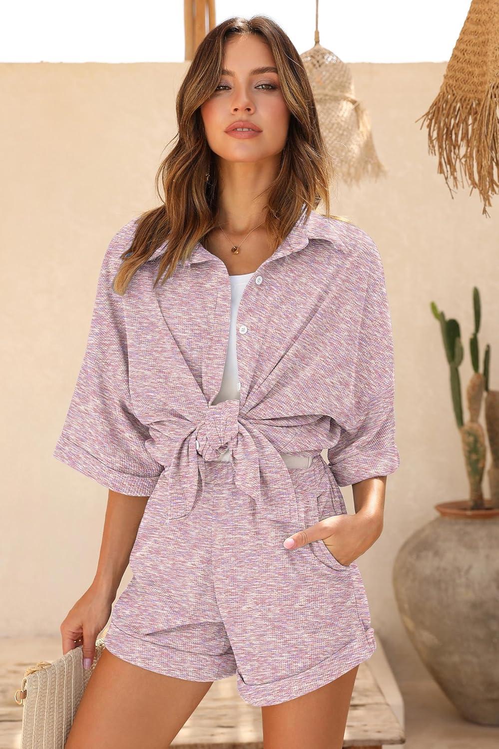 imageEkouaer Waffle Knit Lounge Sets for Women Short Sleeve Pajamas Button Down Pjs Oversized Loungewear Shorts SetPink Dye
