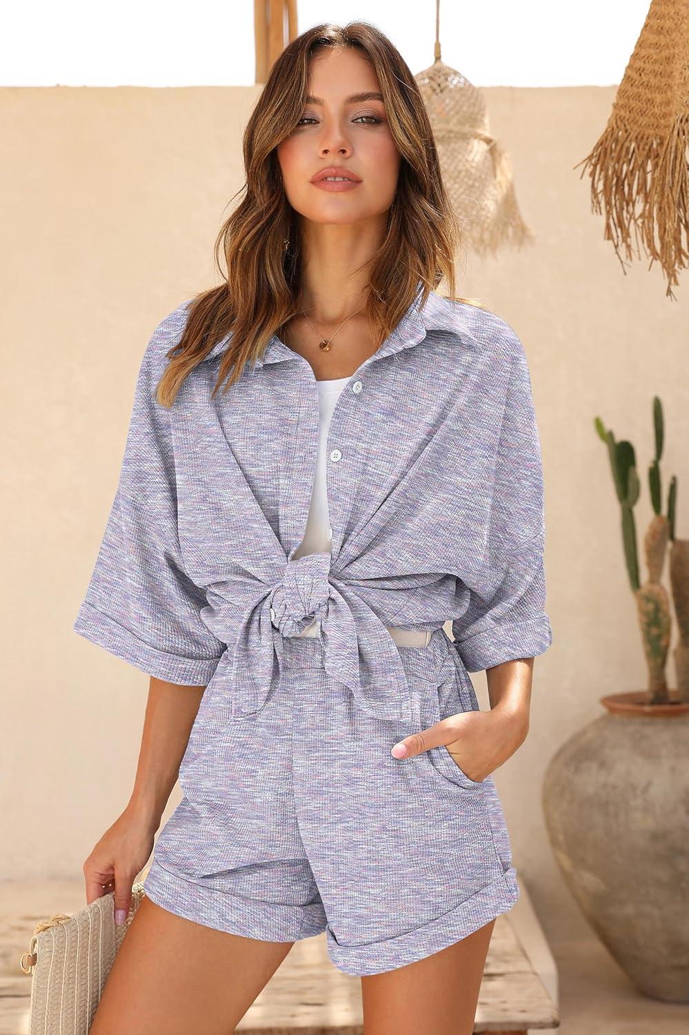 imageEkouaer Waffle Knit Lounge Sets for Women Short Sleeve Pajamas Button Down Pjs Oversized Loungewear Shorts SetPurple Dye