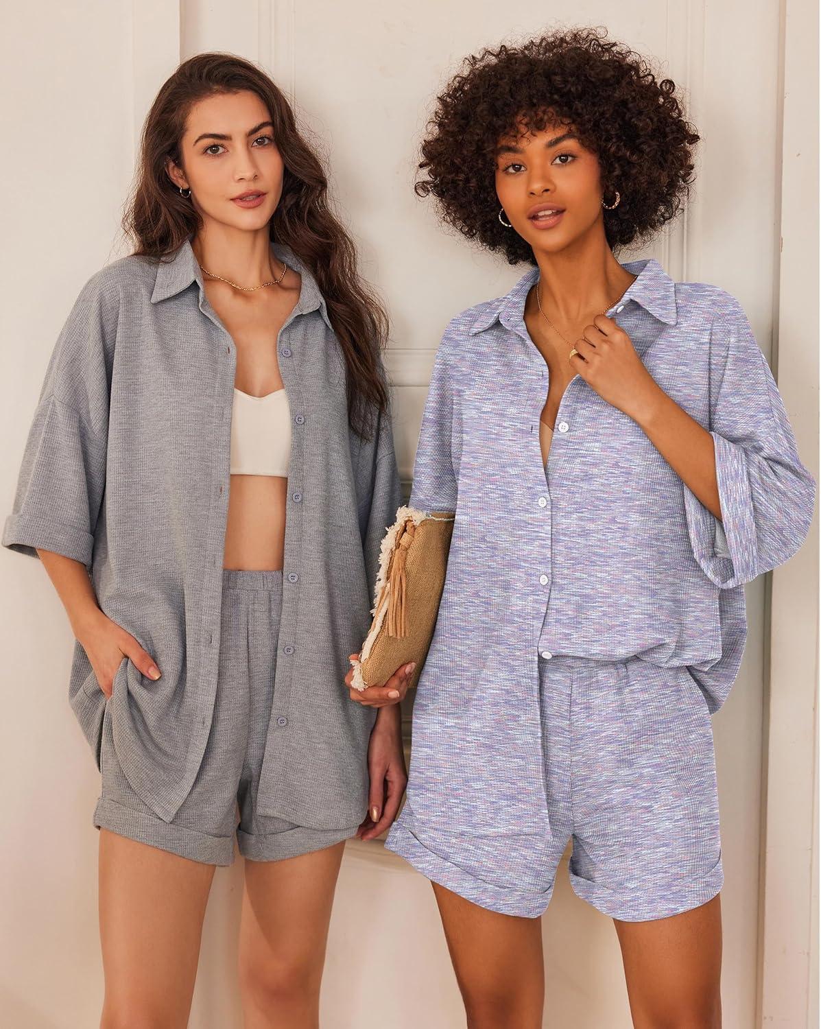 imageEkouaer Waffle Knit Lounge Sets for Women Short Sleeve Pajamas Button Down Pjs Oversized Loungewear Shorts SetPurple Dye