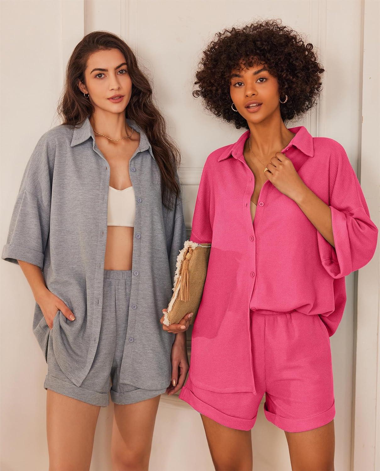 imageEkouaer Waffle Knit Lounge Sets for Women Short Sleeve Pajamas Button Down Pjs Oversized Loungewear Shorts SetRose Red